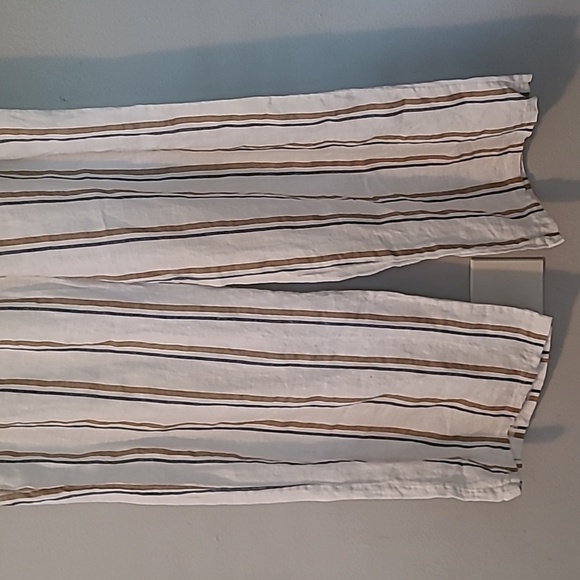 Angela Mara Linen White Tan Blue Striped Pull-on Wide Pants Popover Top Tie Sz L - Picture 10 of 16